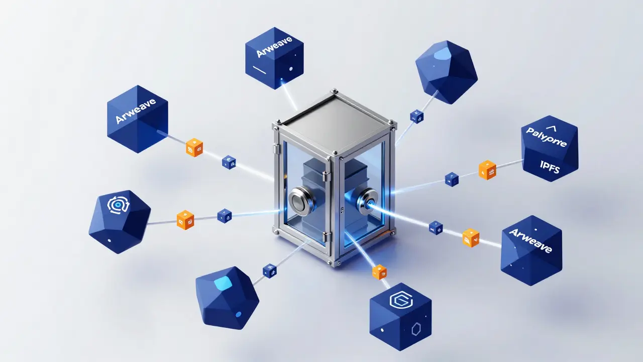 Armazenamento descentralizado com nós conectados, representando segurança via Arweave e IPFS